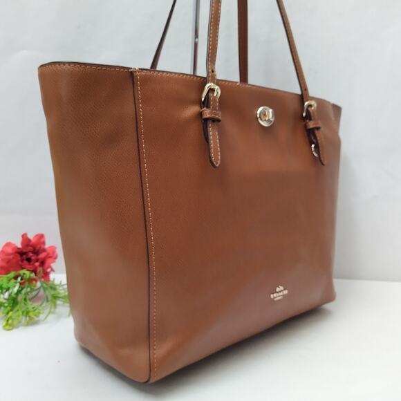 Coach Brown Pebbled Leather Turnlock Double Handles Large Tote Shoulder Bag - Picture 3 of 16